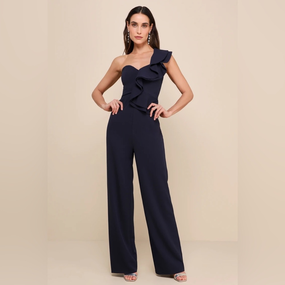 Kiss Me Again Navy Blue Ruffled One-Shoulder Jumpsuit ✨